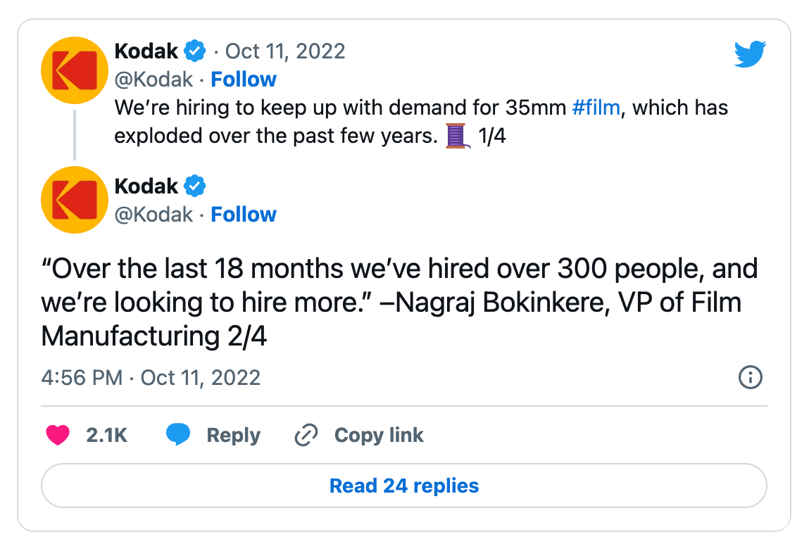 Tweet de @Kodak du 11 octobre 2022